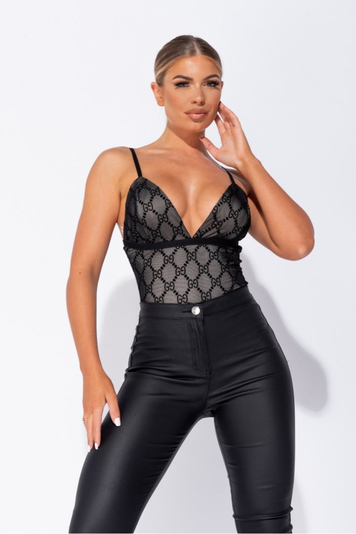 Black Mesh Logo Strappy Bodysuit