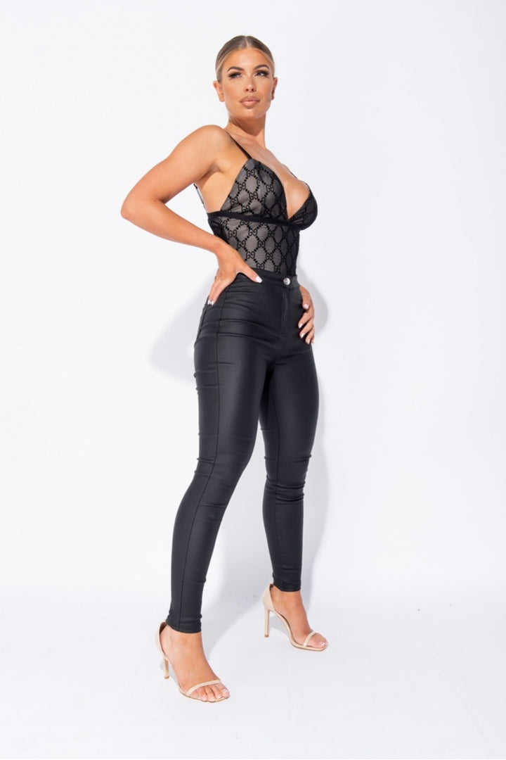 Black Mesh Logo Strappy Bodysuit