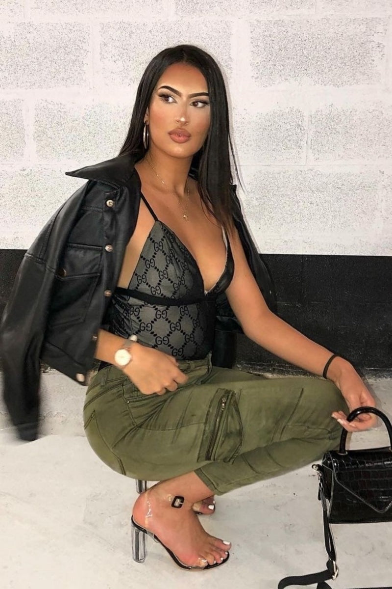 Black Mesh Logo Strappy Bodysuit