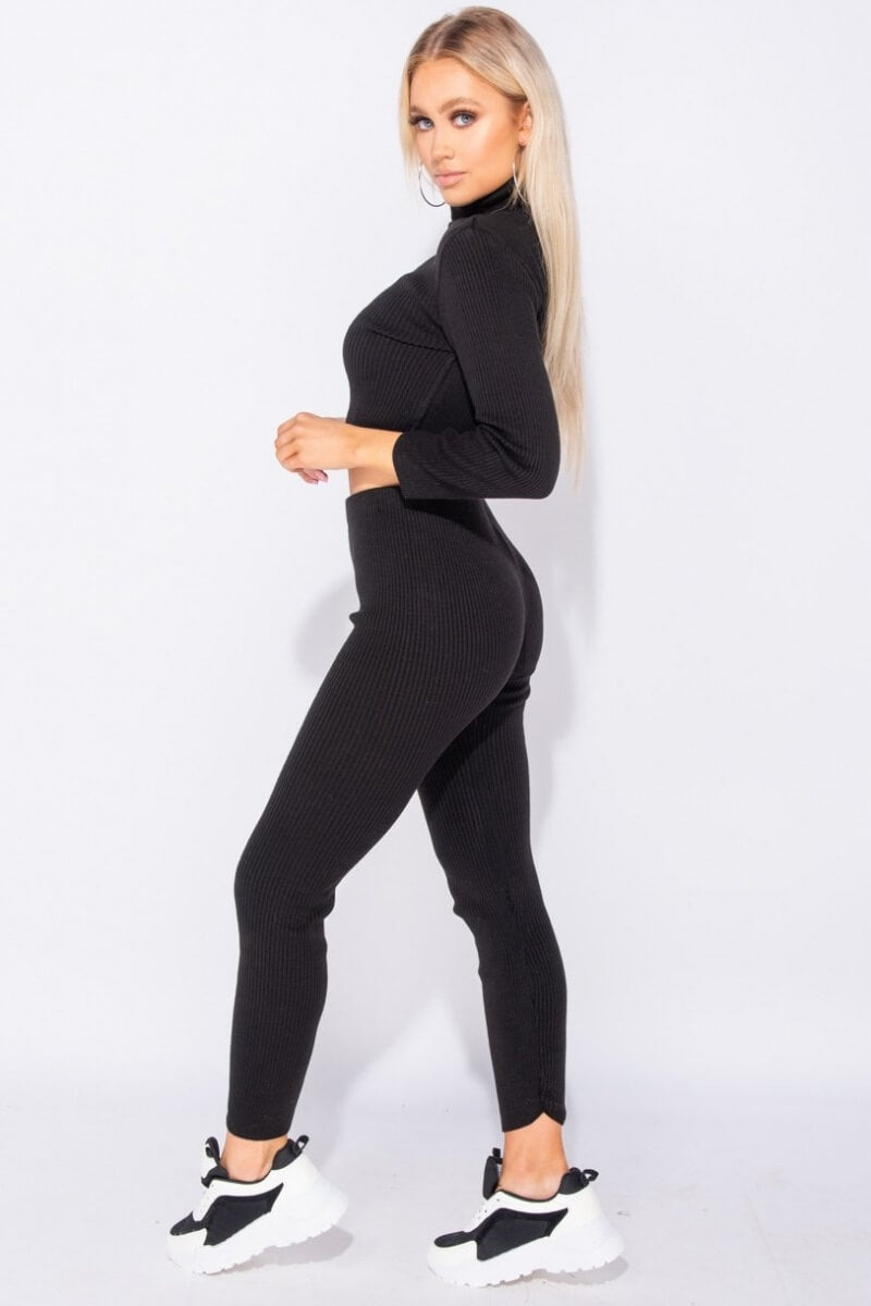 Black Rib Knit Roll Neck & Legging Lounge Set