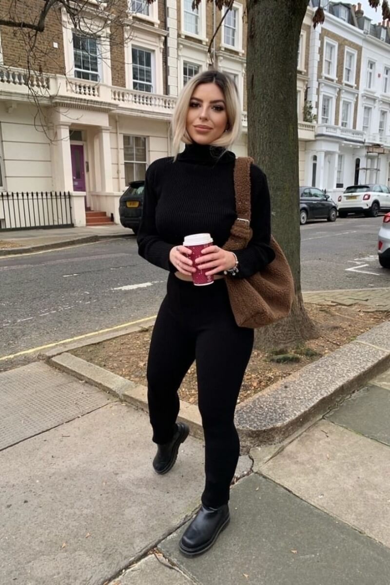 Black Rib Knit Roll Neck & Legging Lounge Set