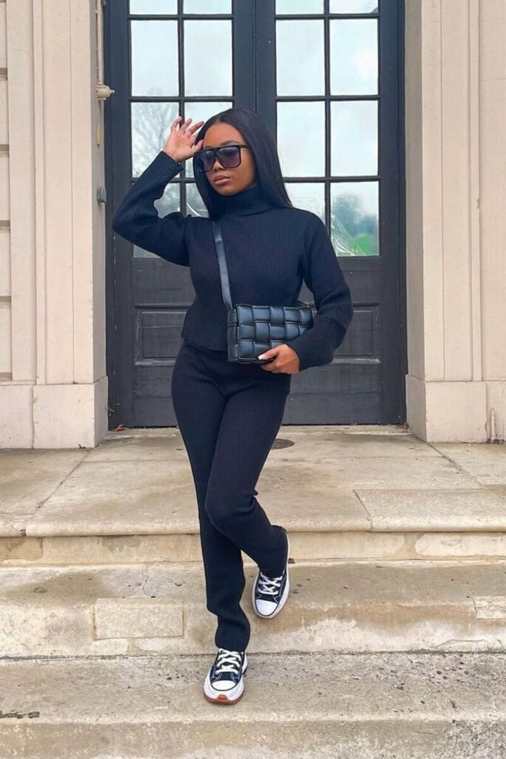 Black Rib Knit Roll Neck & Legging Lounge Set