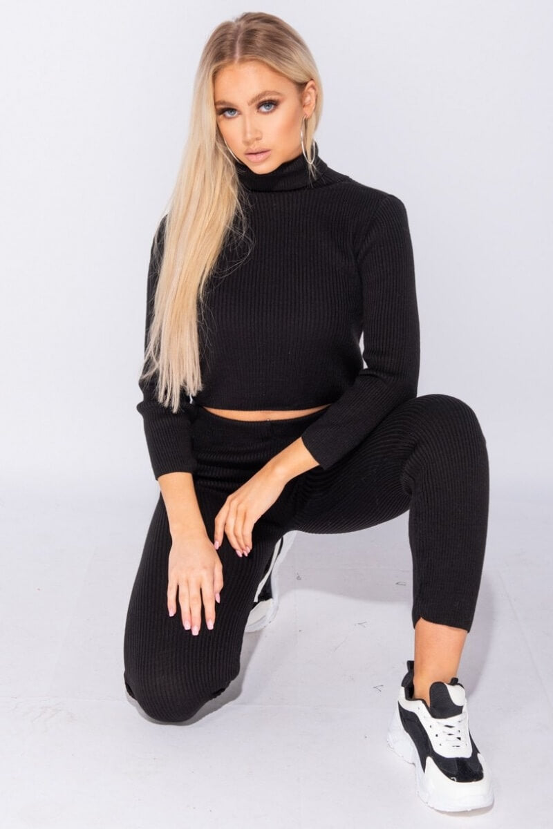 Black Rib Knit Roll Neck & Legging Lounge Set