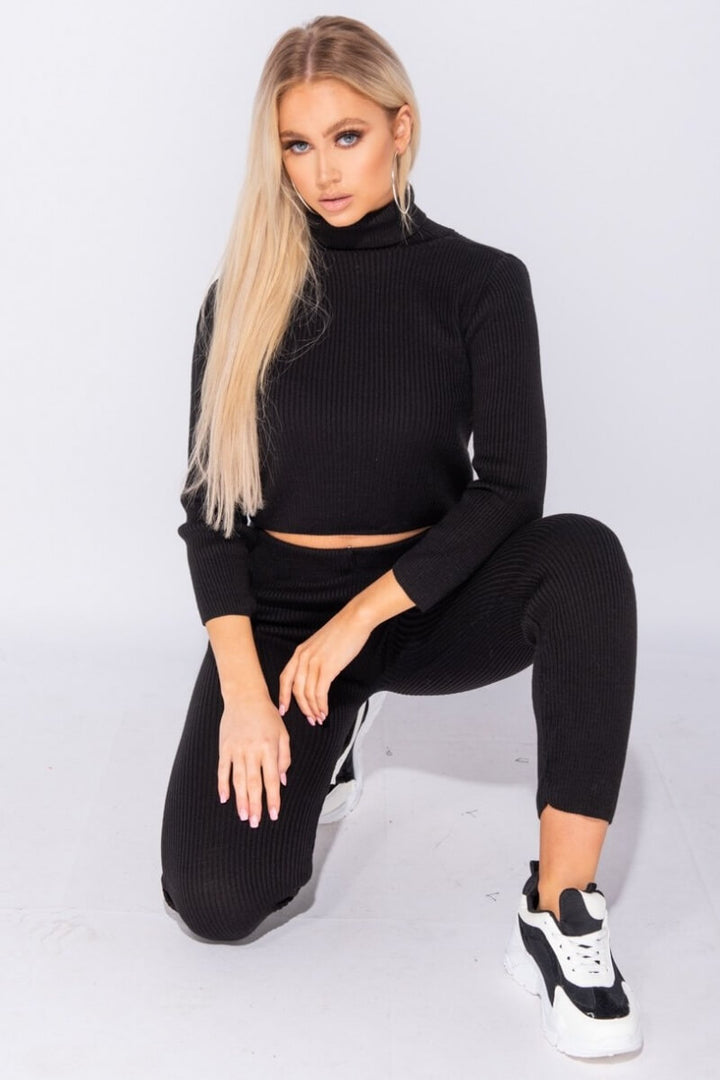 Black Rib Knit Roll Neck & Legging Lounge Set