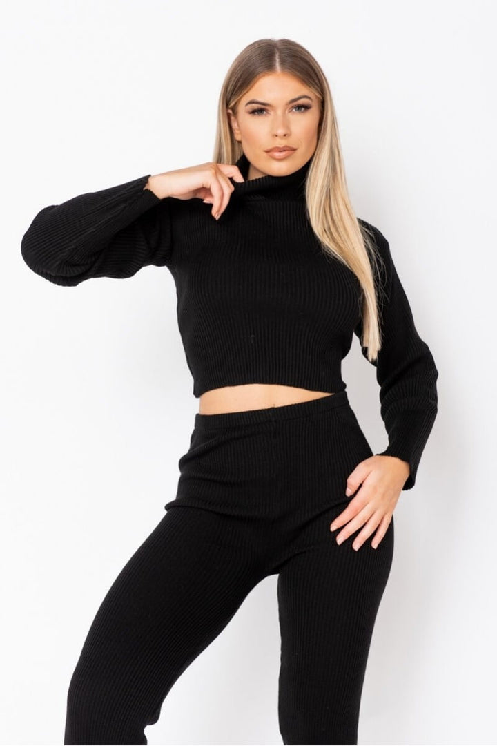 Black Rib Knit Roll Neck & Legging Lounge Set