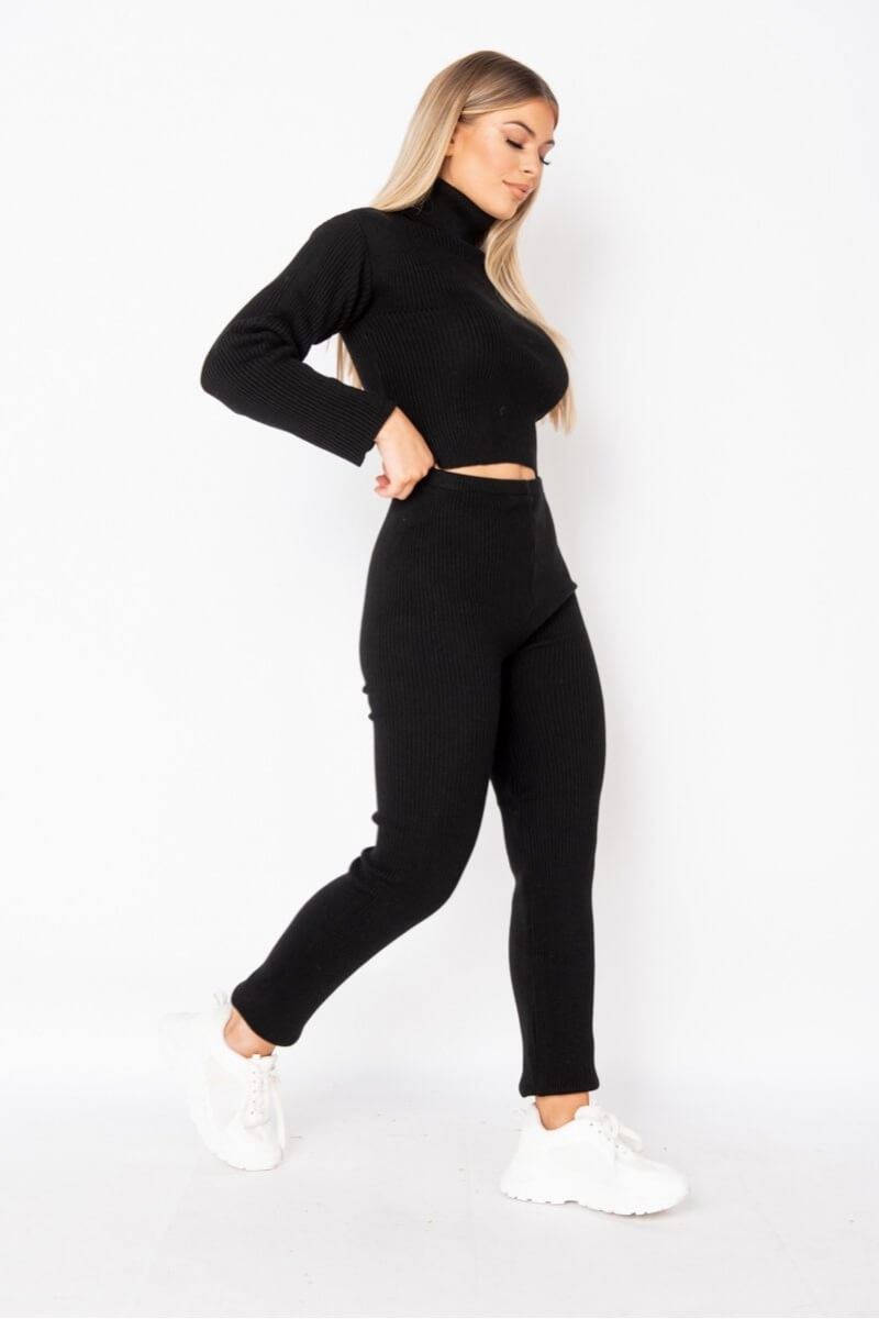 Black Rib Knit Roll Neck & Legging Lounge Set