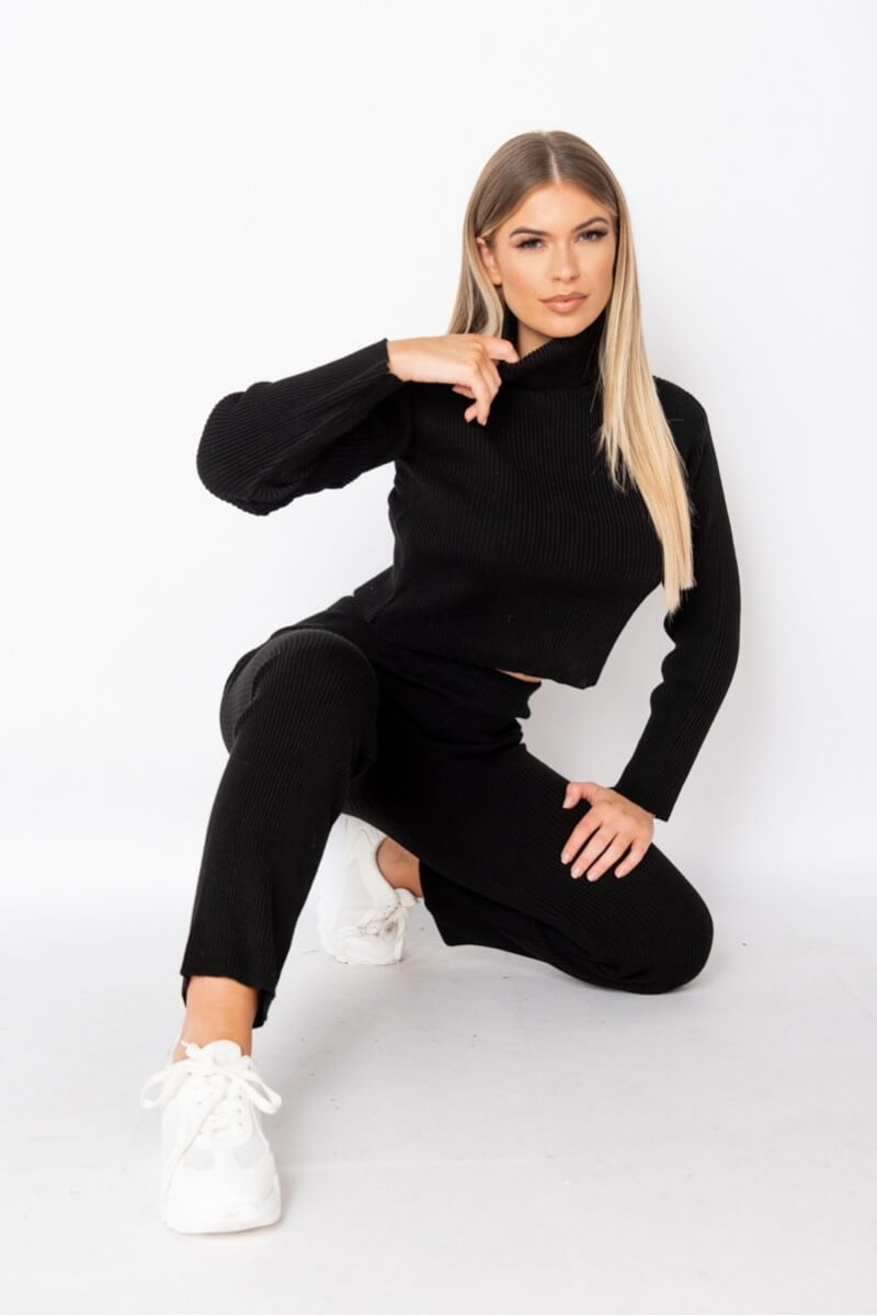 Black Rib Knit Roll Neck & Legging Lounge Set
