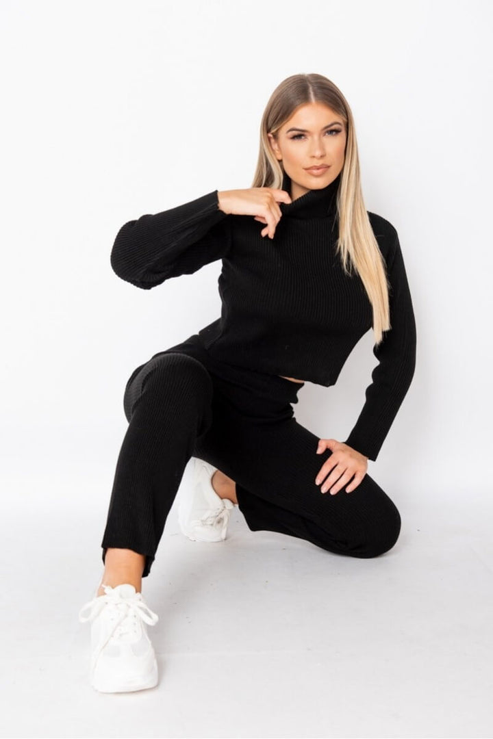 Black Rib Knit Roll Neck & Legging Lounge Set