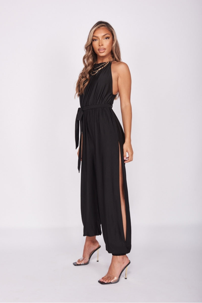 Black Slinky Cami Strap Belted Jumpsuit