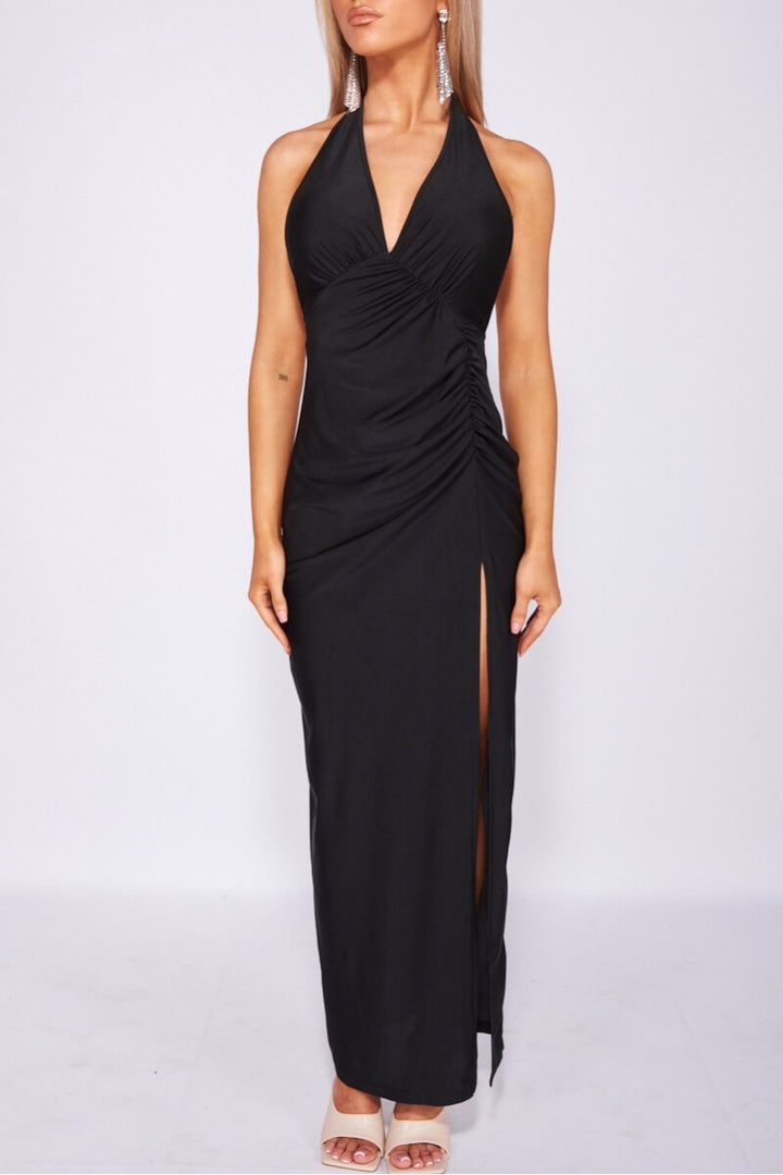 Black Slinky Gather Thigh Split Halterneck Maxi Dress