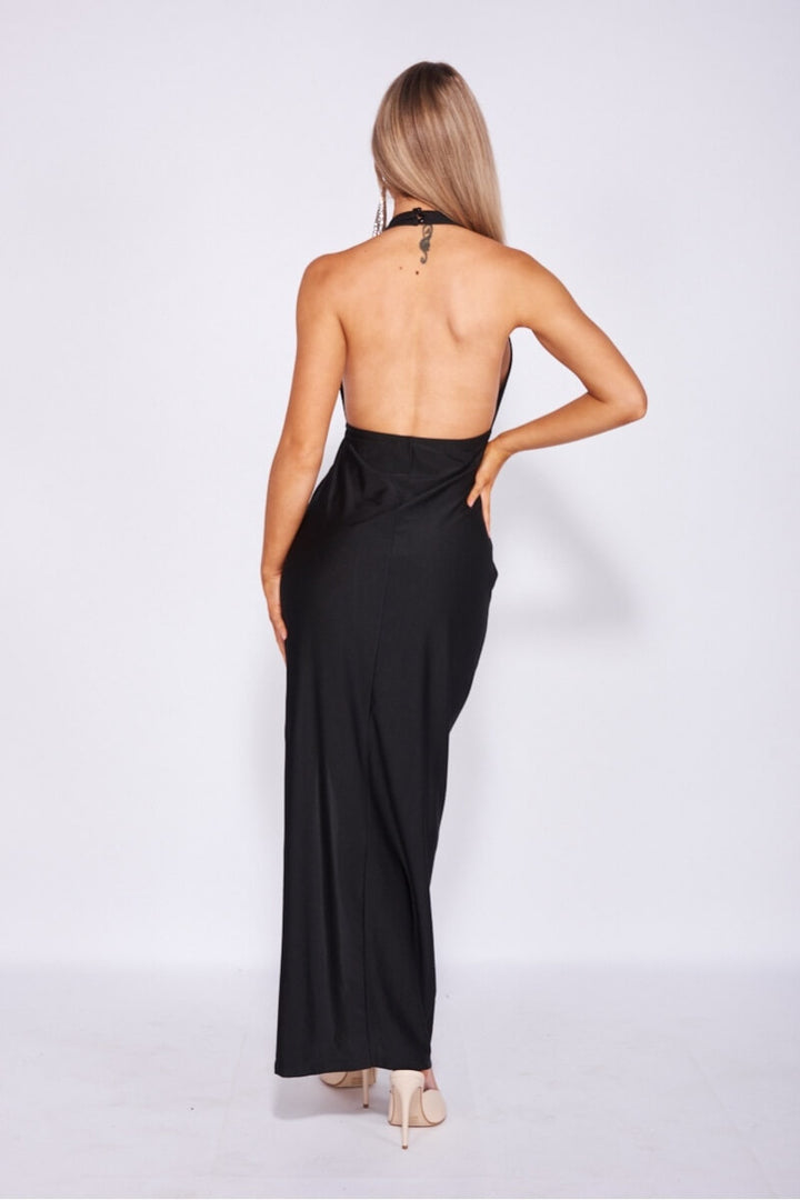 Black Slinky Gather Thigh Split Halterneck Maxi Dress