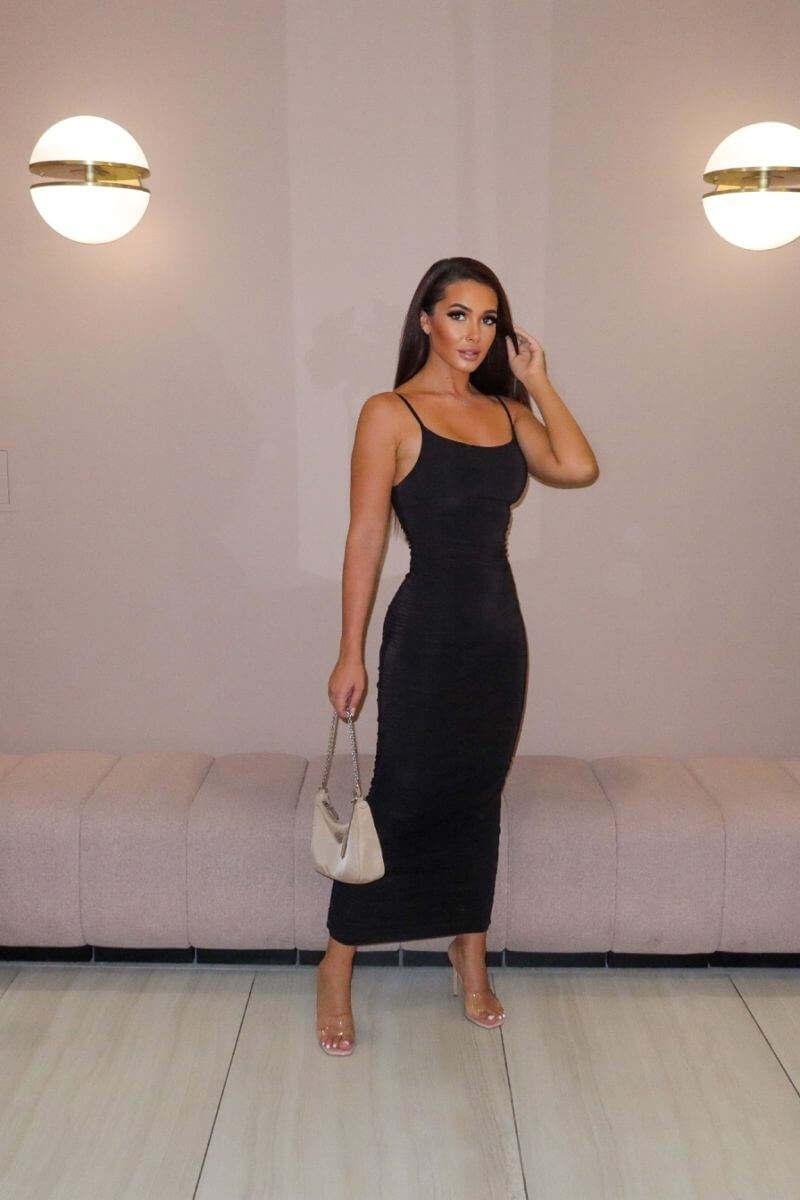 Black Slinky Ruched Side Cami Strap Midi Dress