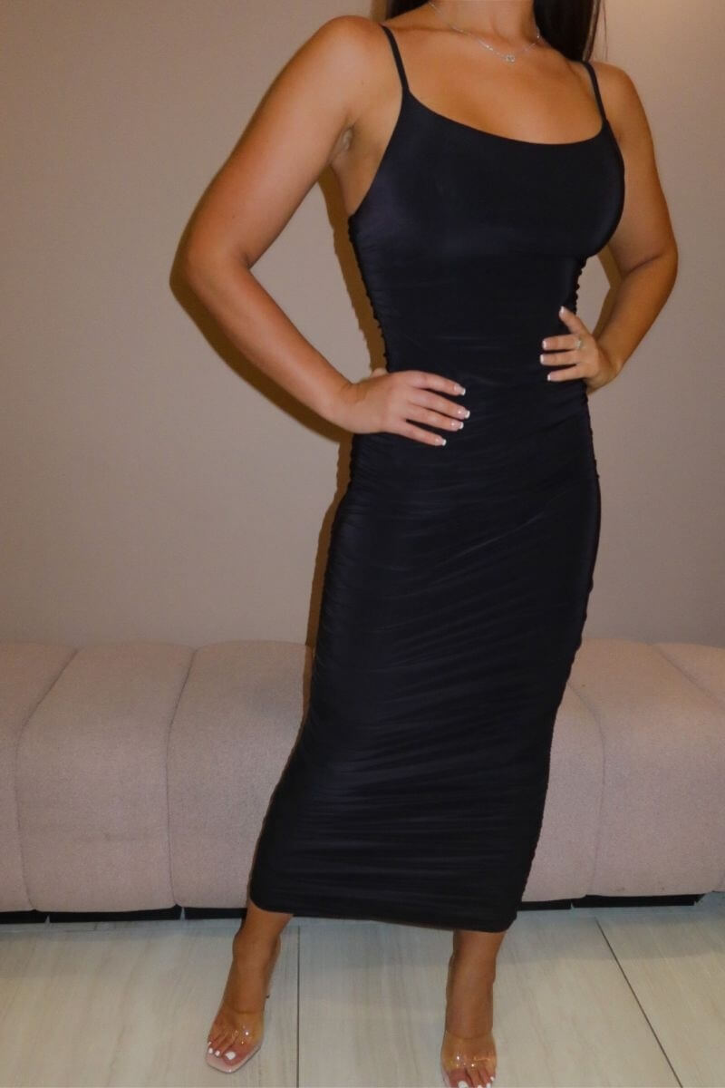 Black Slinky Ruched Side Cami Strap Midi Dress