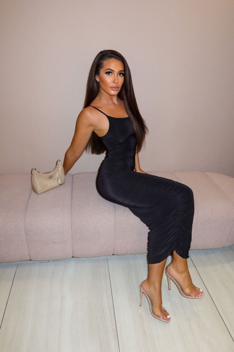 Black Slinky Ruched Side Cami Strap Midi Dress