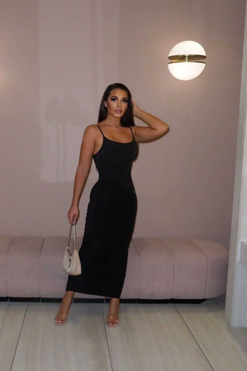 Black Slinky Ruched Side Cami Strap Midi Dress