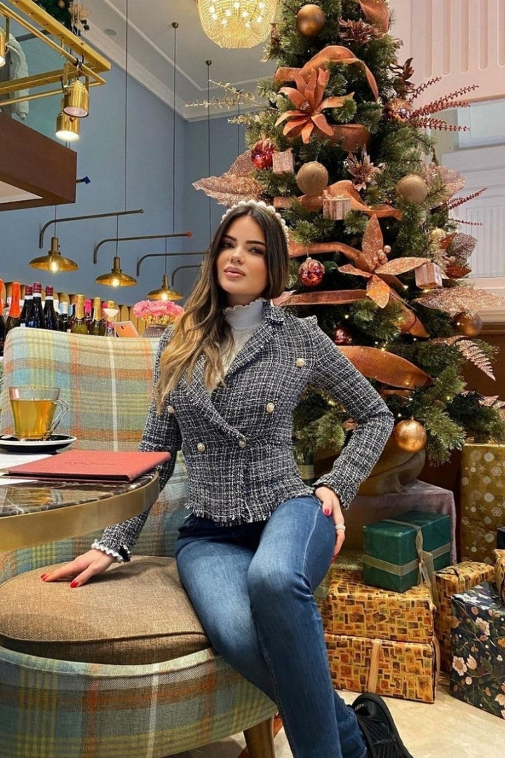 Black Tweed Check Dome Button Frayed Edge Blazer