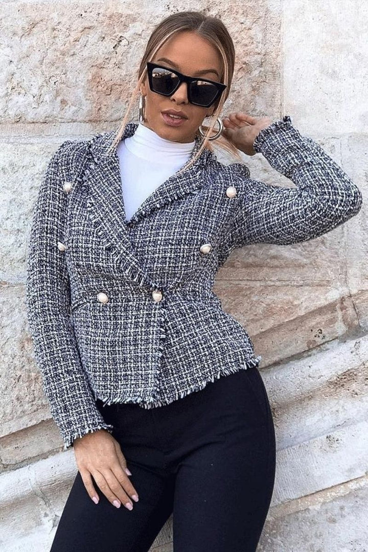 Black Tweed Check Dome Button Frayed Edge Blazer