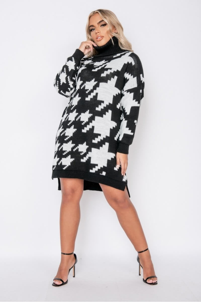 Black White Houndstooth Check Roll Neck Jumper Dress