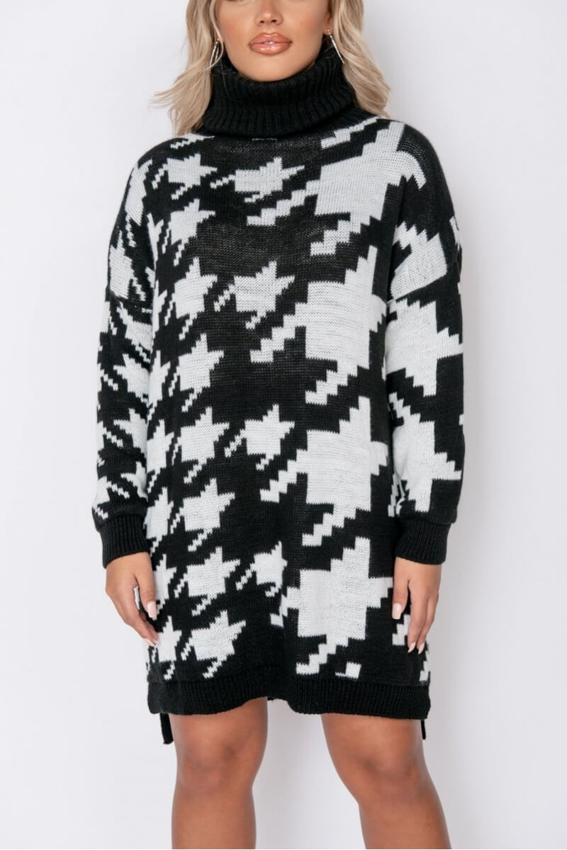 Black White Houndstooth Check Roll Neck Jumper Dress