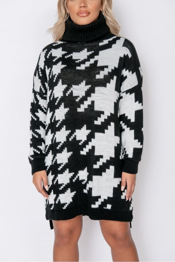 Black White Houndstooth Check Roll Neck Jumper Dress
