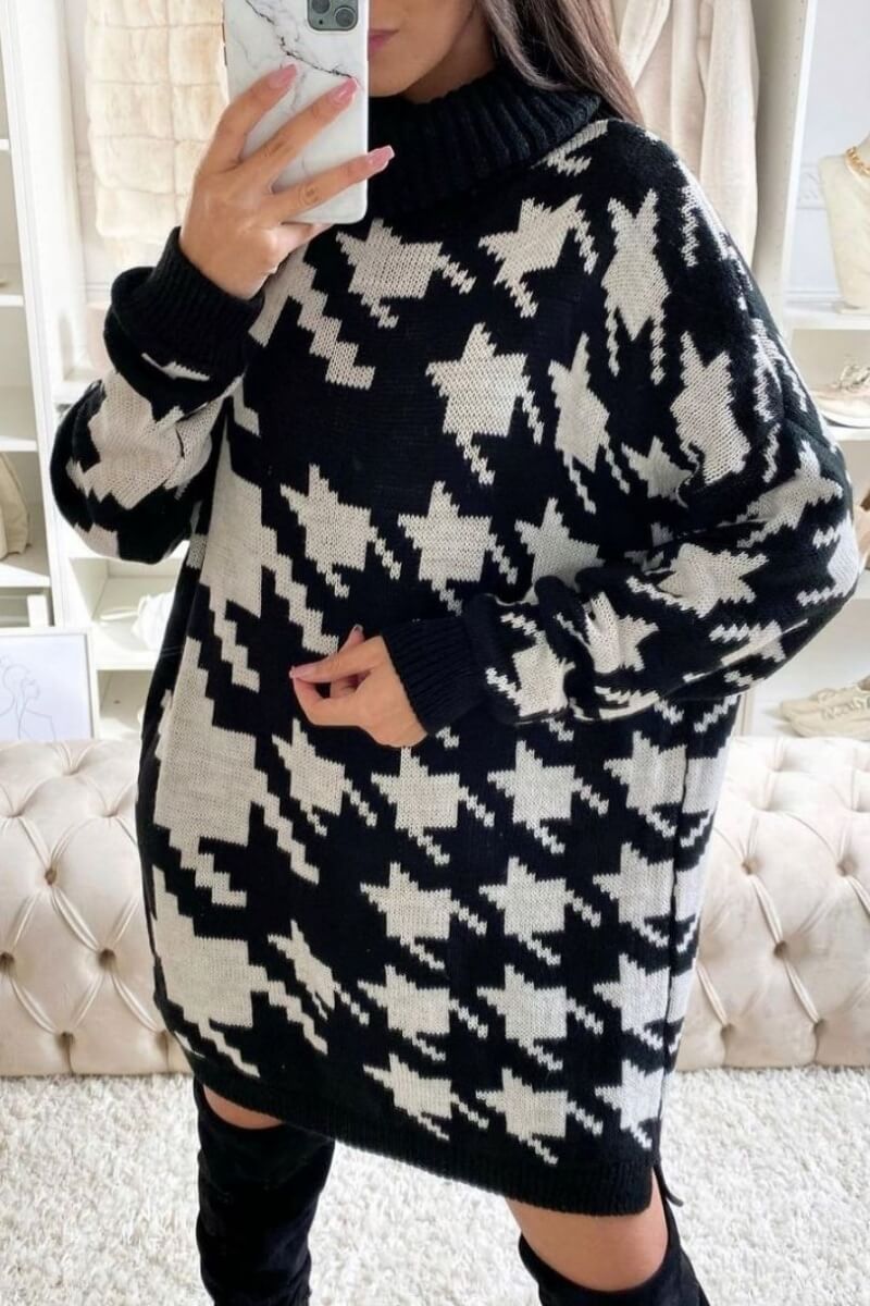 Black White Houndstooth Check Roll Neck Jumper Dress