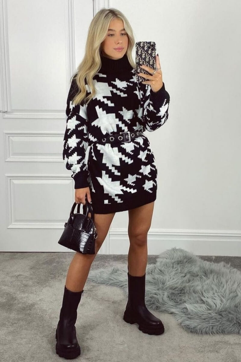 Black White Houndstooth Check Roll Neck Jumper Dress