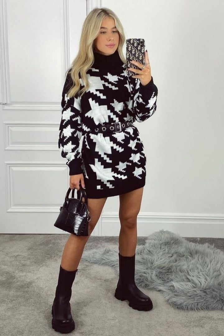 Black White Houndstooth Check Roll Neck Jumper Dress