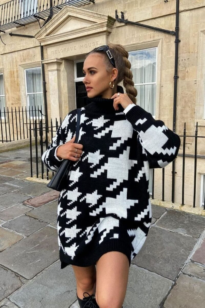 Black White Houndstooth Check Roll Neck Jumper Dress