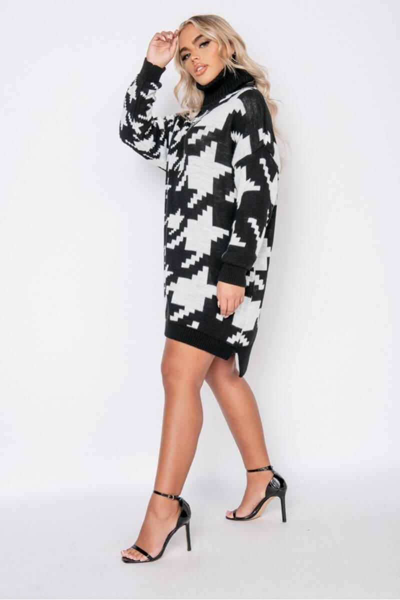 Black White Houndstooth Check Roll Neck Jumper Dress