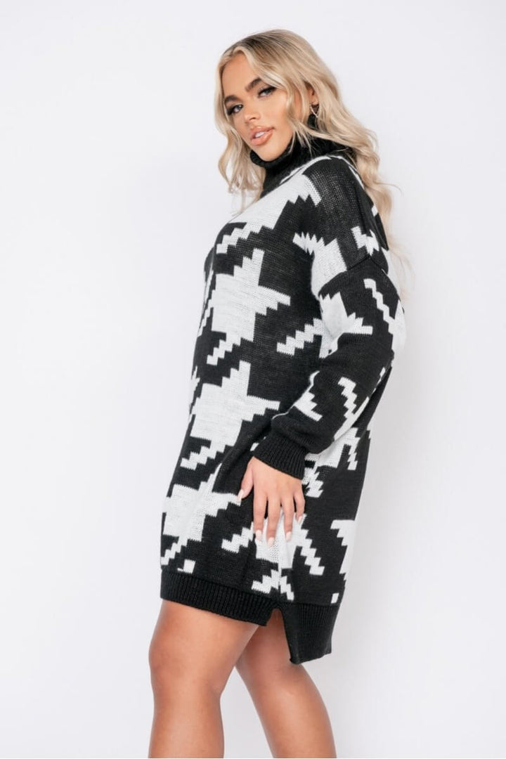 Black White Houndstooth Check Roll Neck Jumper Dress