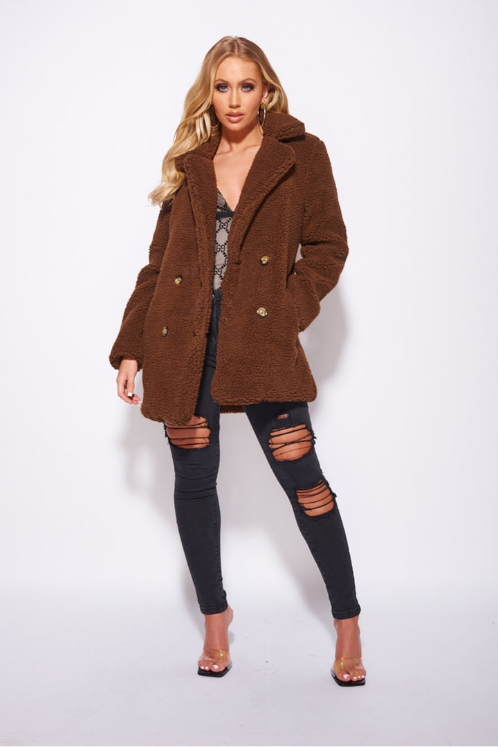 Brown Double Breasted Borg Teddy Coat