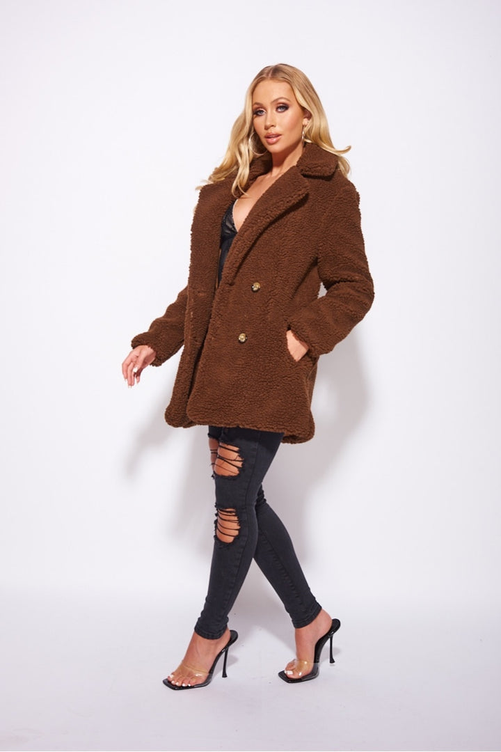 Brown Double Breasted Borg Teddy Coat