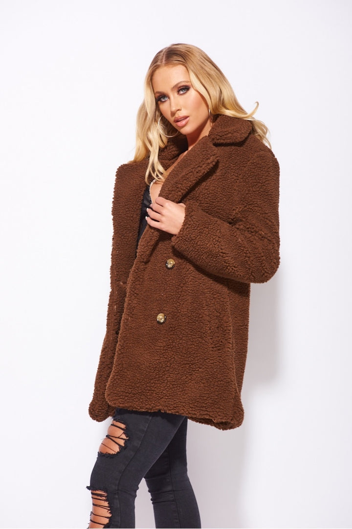 Brown Double Breasted Borg Teddy Coat