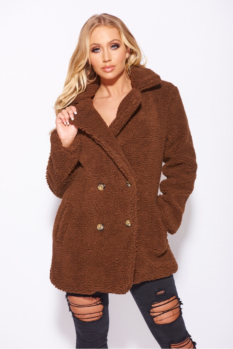Brown Double Breasted Borg Teddy Coat