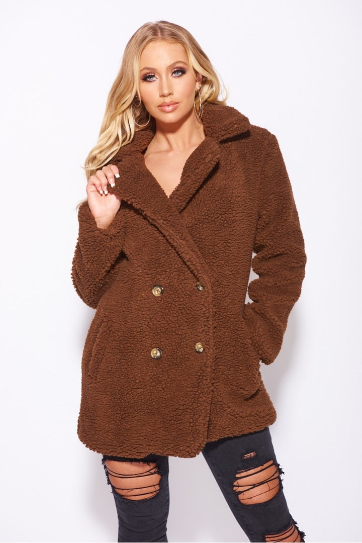 Brown Double Breasted Borg Teddy Coat