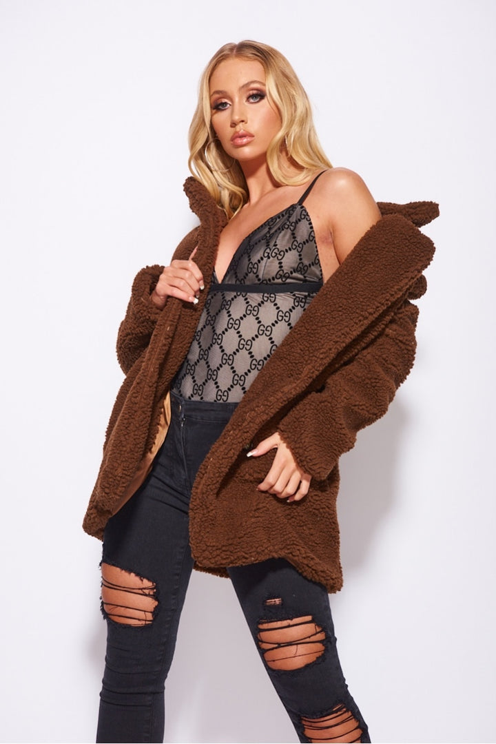 Brown Double Breasted Borg Teddy Coat