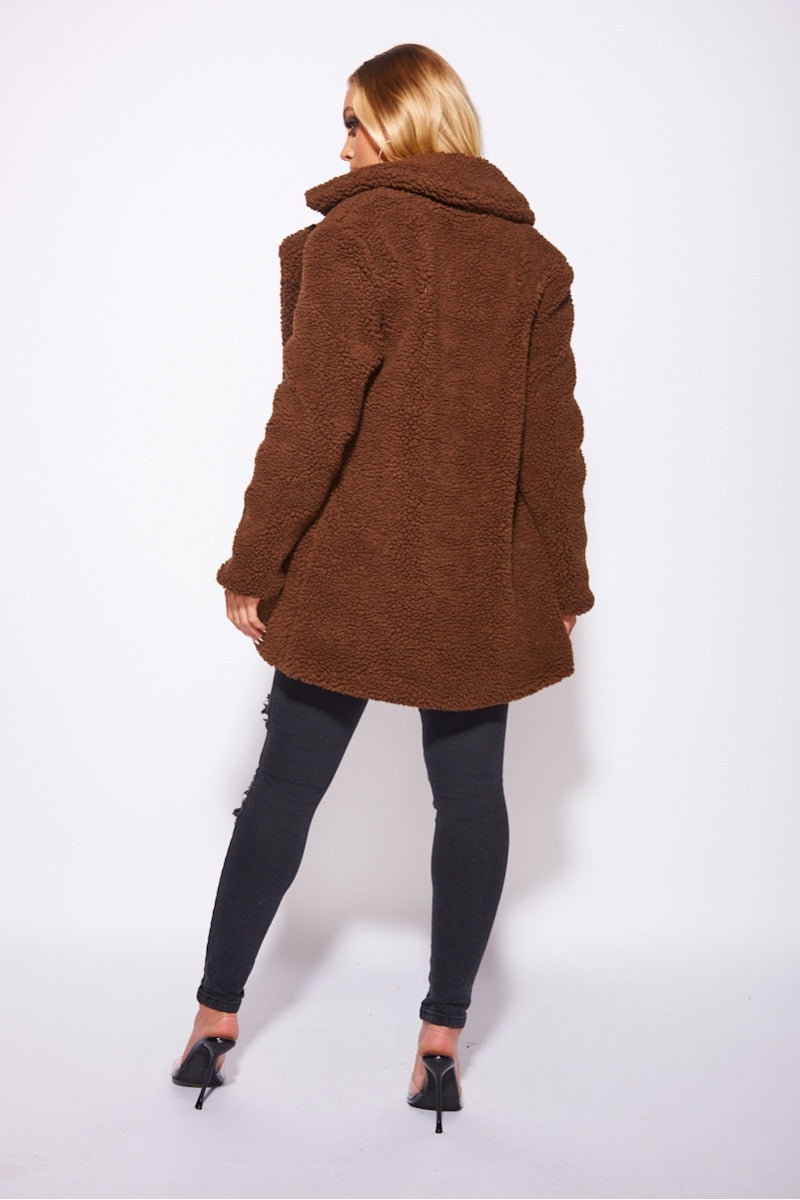 Brown Double Breasted Borg Teddy Coat