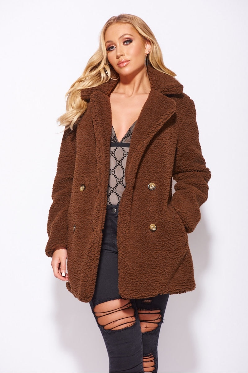 Brown Double Breasted Borg Teddy Coat