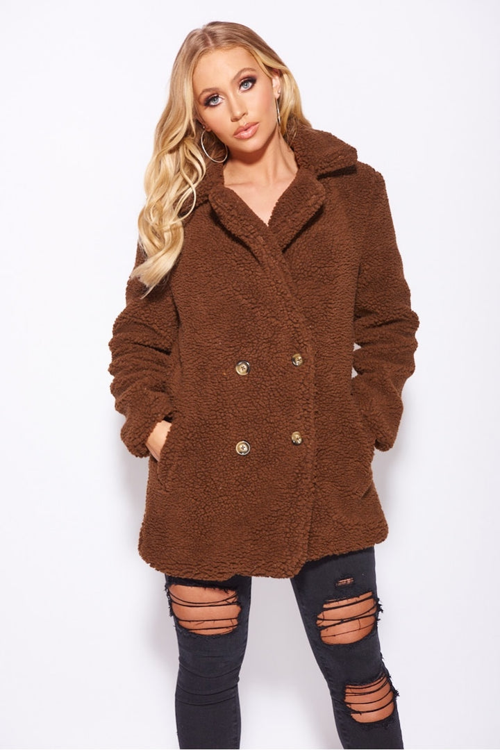 Brown Double Breasted Borg Teddy Coat