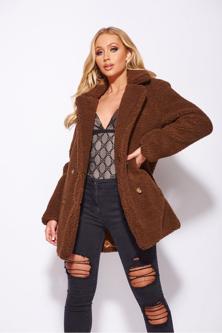Brown Double Breasted Borg Teddy Coat