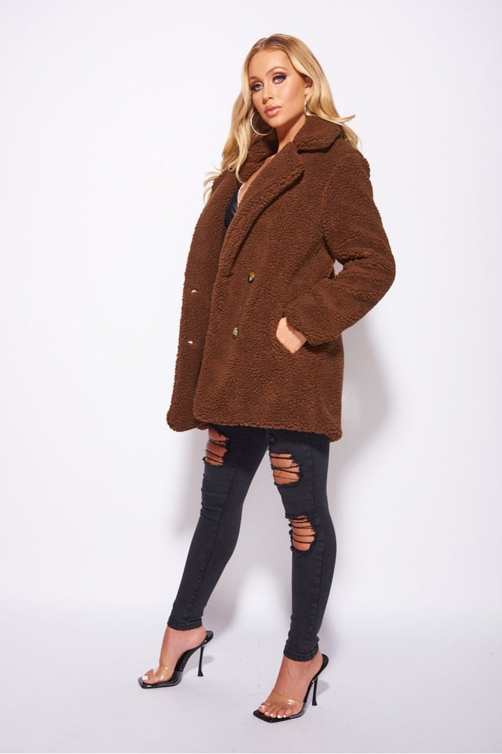 Brown Double Breasted Borg Teddy Coat