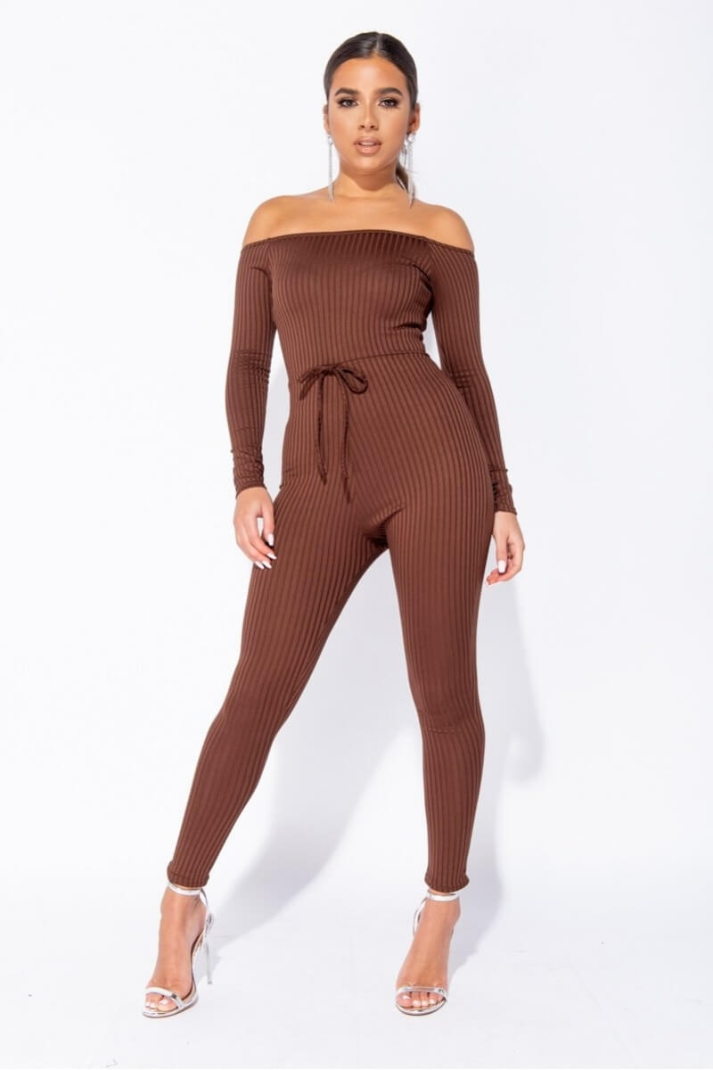 Brown Rib Knit Long Sleeve Bardot Jumpsuit