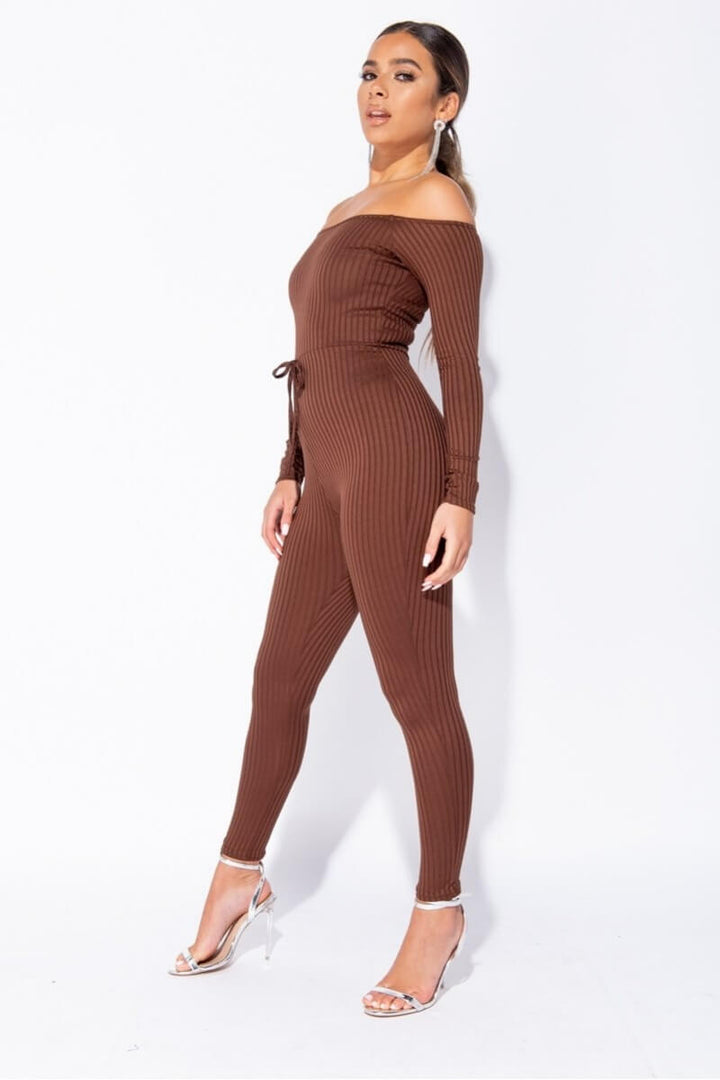 Brown Rib Knit Long Sleeve Bardot Jumpsuit