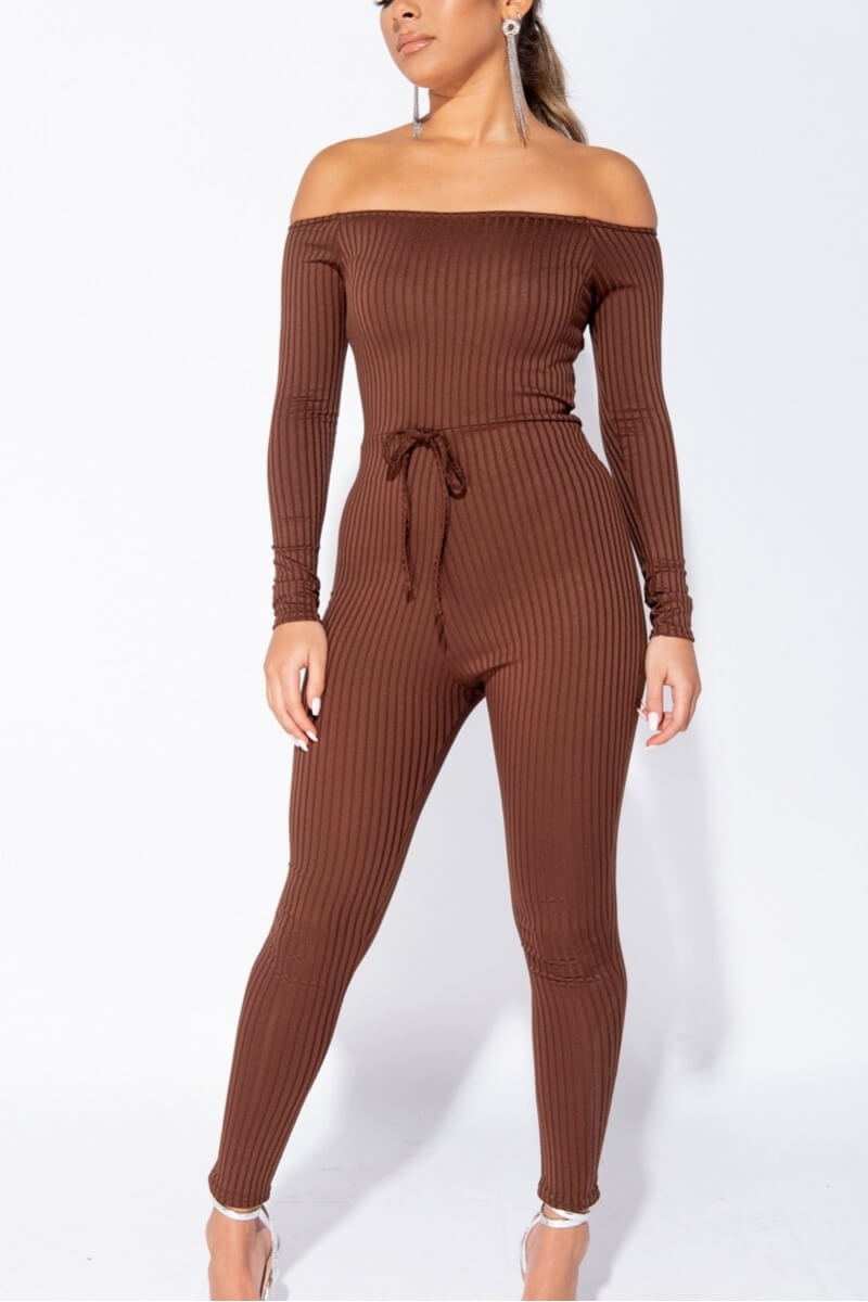 Brown Rib Knit Long Sleeve Bardot Jumpsuit