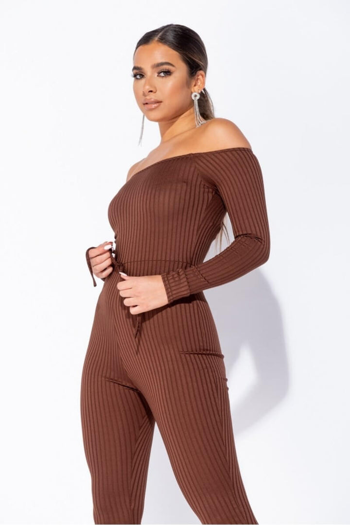 Brown Rib Knit Long Sleeve Bardot Jumpsuit
