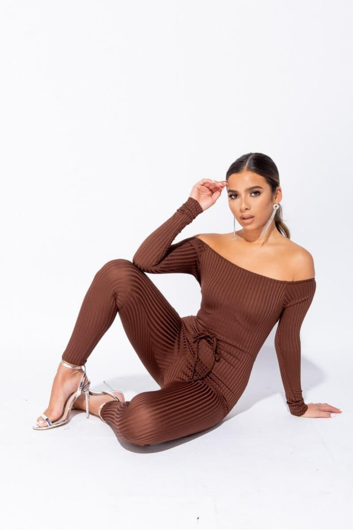 Brown Rib Knit Long Sleeve Bardot Jumpsuit
