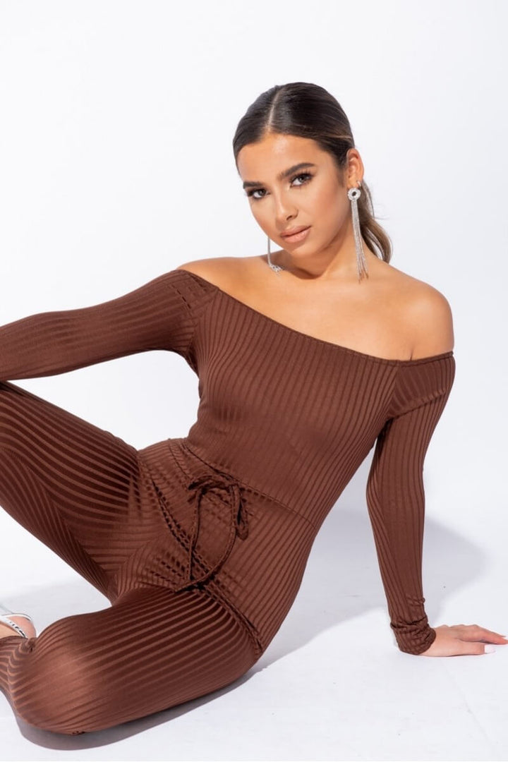 Brown Rib Knit Long Sleeve Bardot Jumpsuit