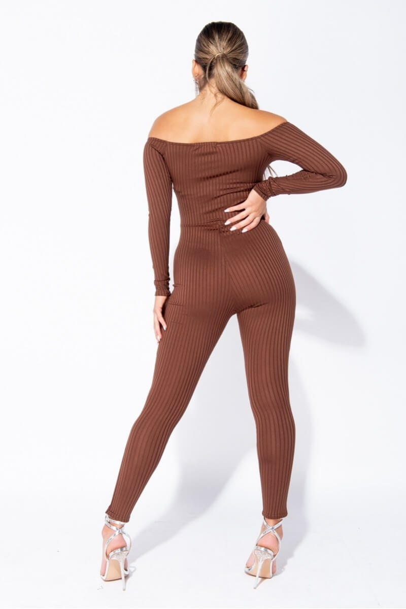 Brown Rib Knit Long Sleeve Bardot Jumpsuit