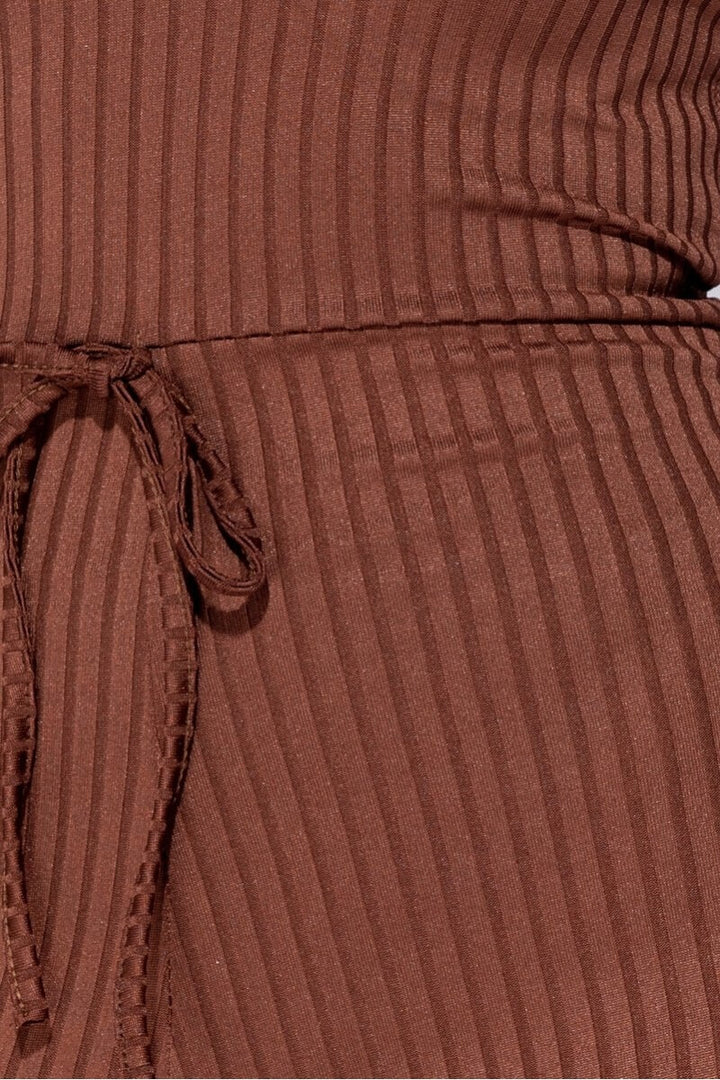 Brown Rib Knit Long Sleeve Bardot Jumpsuit