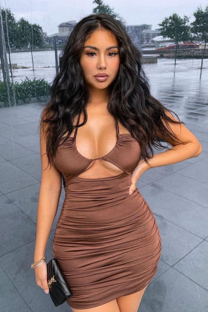 Brown Slinky Cross Strap Ruched Mini Dress
